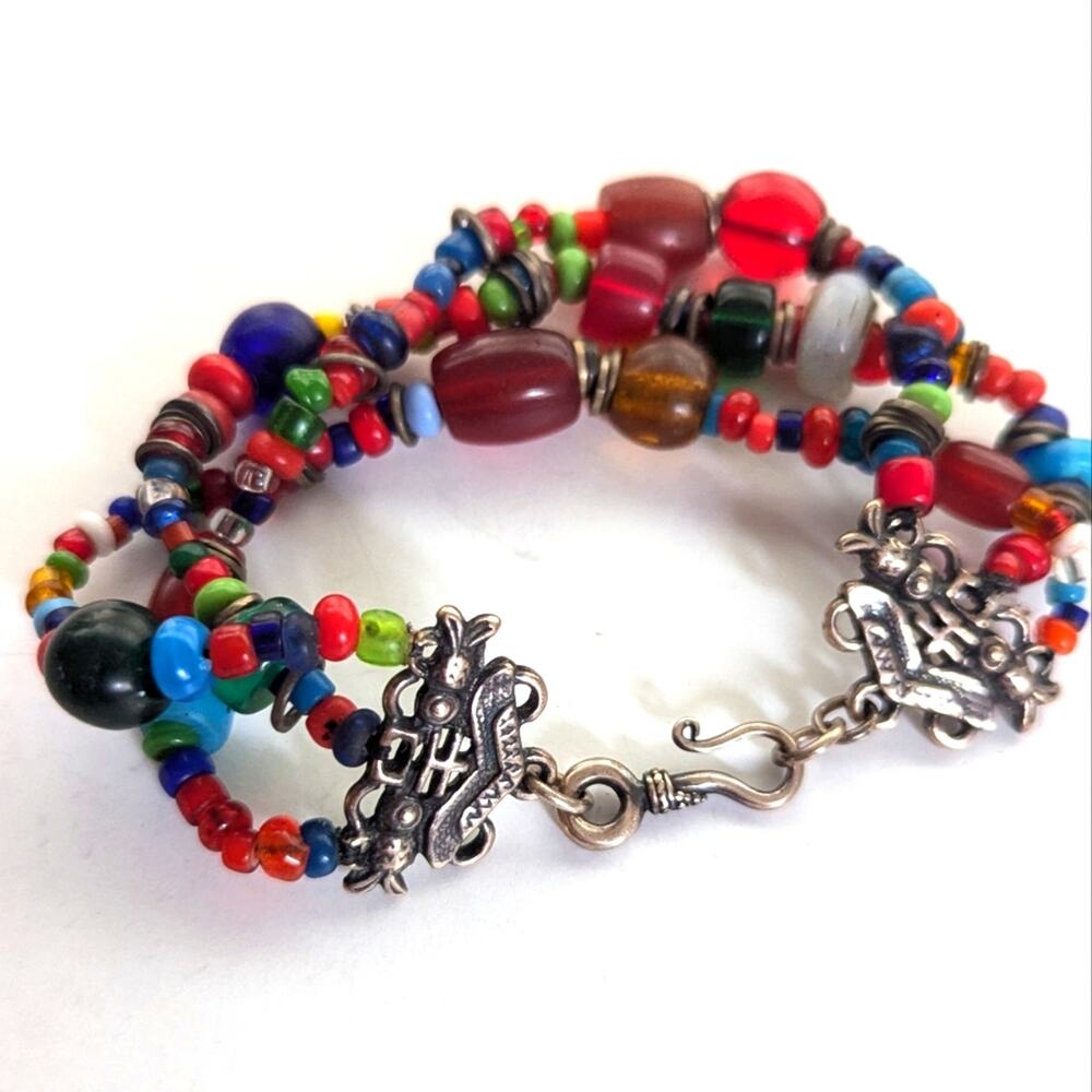 Artisan Triple Strand Glass Bead Textured Ornate Sterling Silver Clasp Bracelet